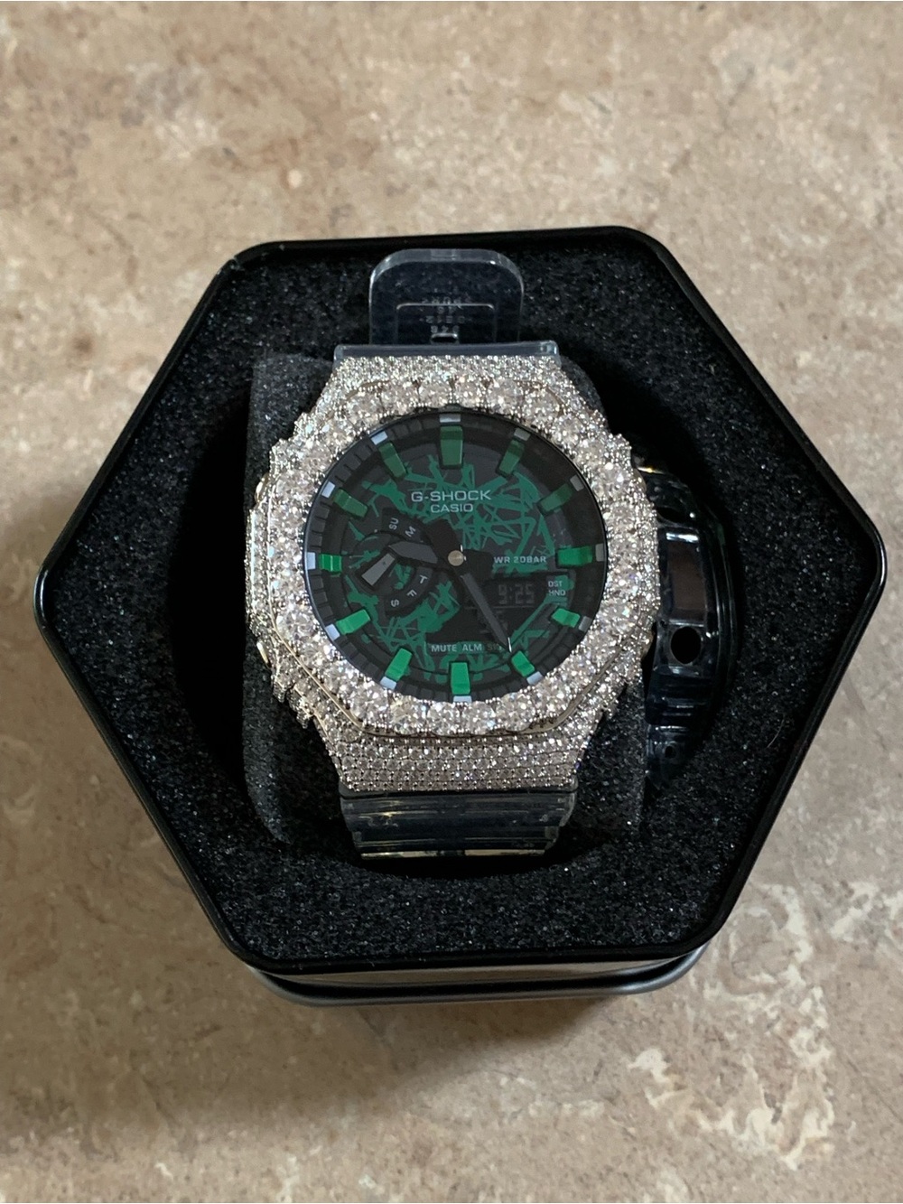 Casio G-SHOCK Silver Crystal Watch with Green Dial Accents